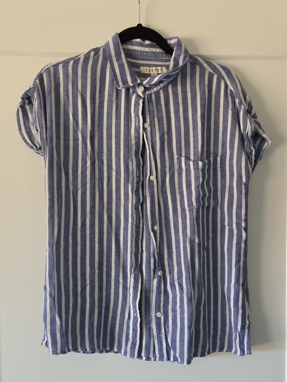 Harper Blue and White Vertical Stripe Short Sleeve Button-Down Shirt